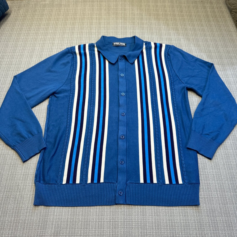 PJ Paul Jones Retro Knit Polo Cardigan Large Blue Striped Coastal Preppy